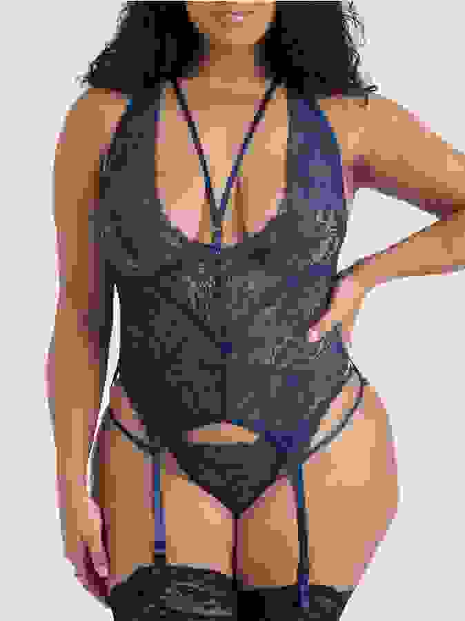 Lovehoney Plus Size Late Night Liaison Blue Lace Plunge Bustier Set, Blue, hi-res